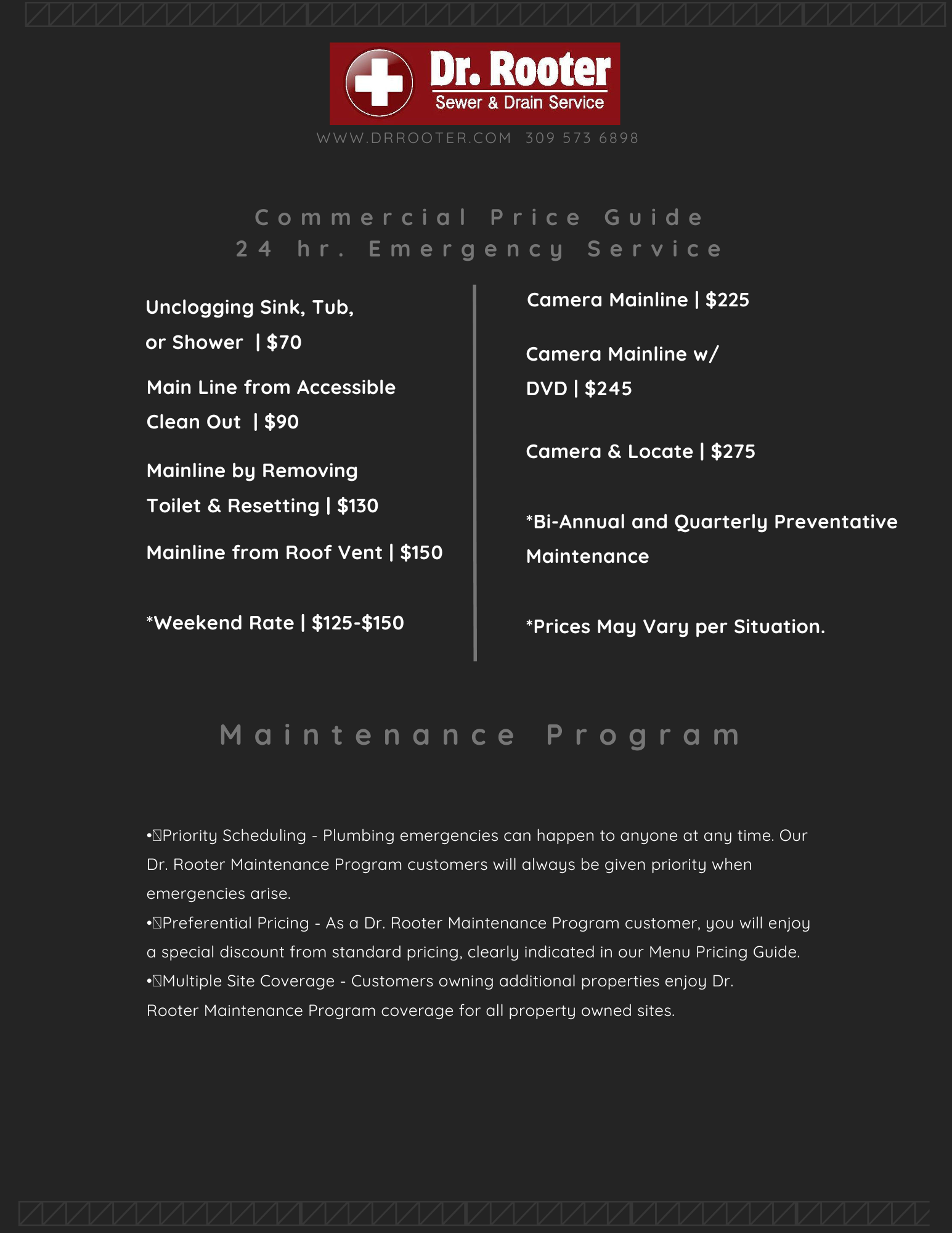 Dr. Rooter Sewer & Drain Service commercial pricing guide showing comprehensive service offerings, emergency rates, and maintenance programs for business customers