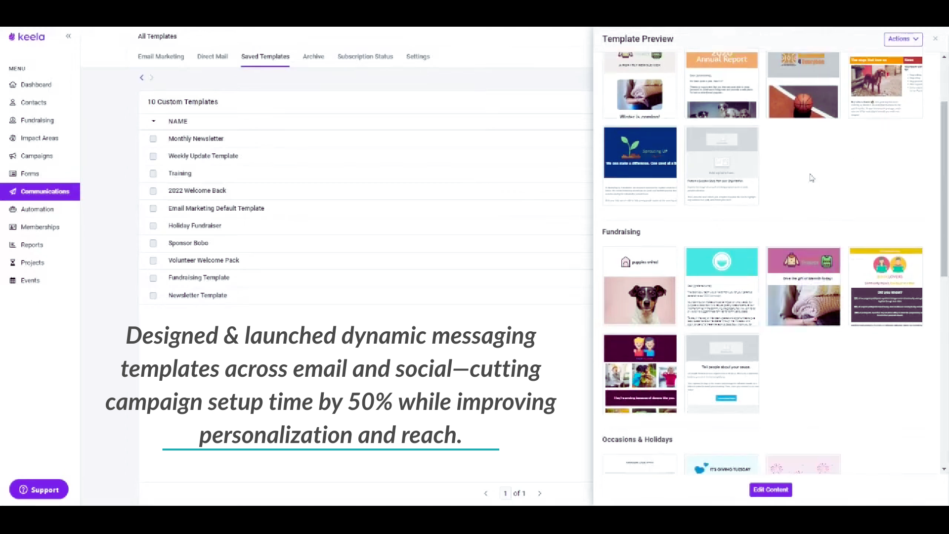 Keela CRM system showing custom email marketing templates and campaign management interface