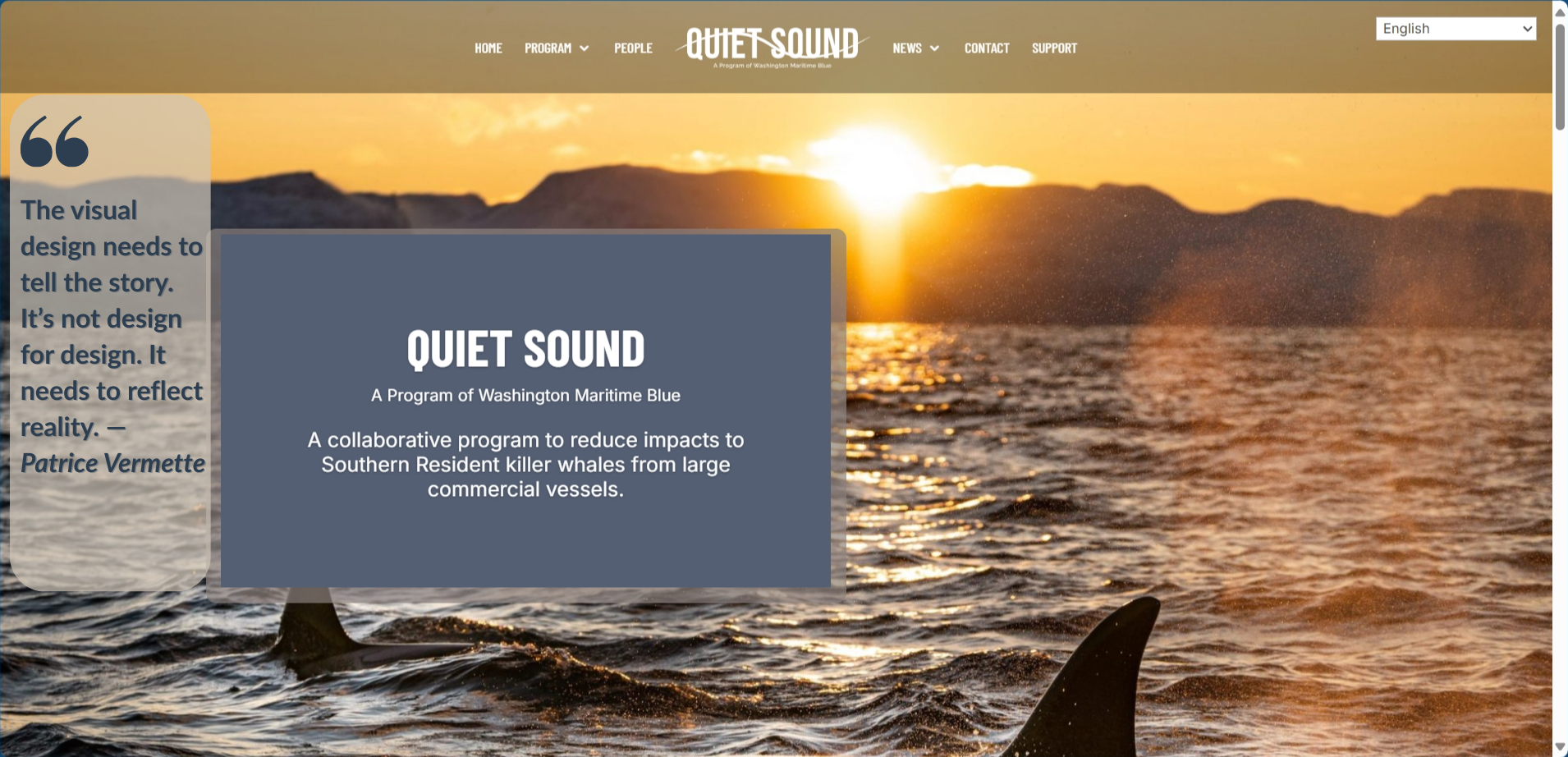 Quiet Sound website homepage showing killer whale conservation mission with ocean sunset background and professional navigation