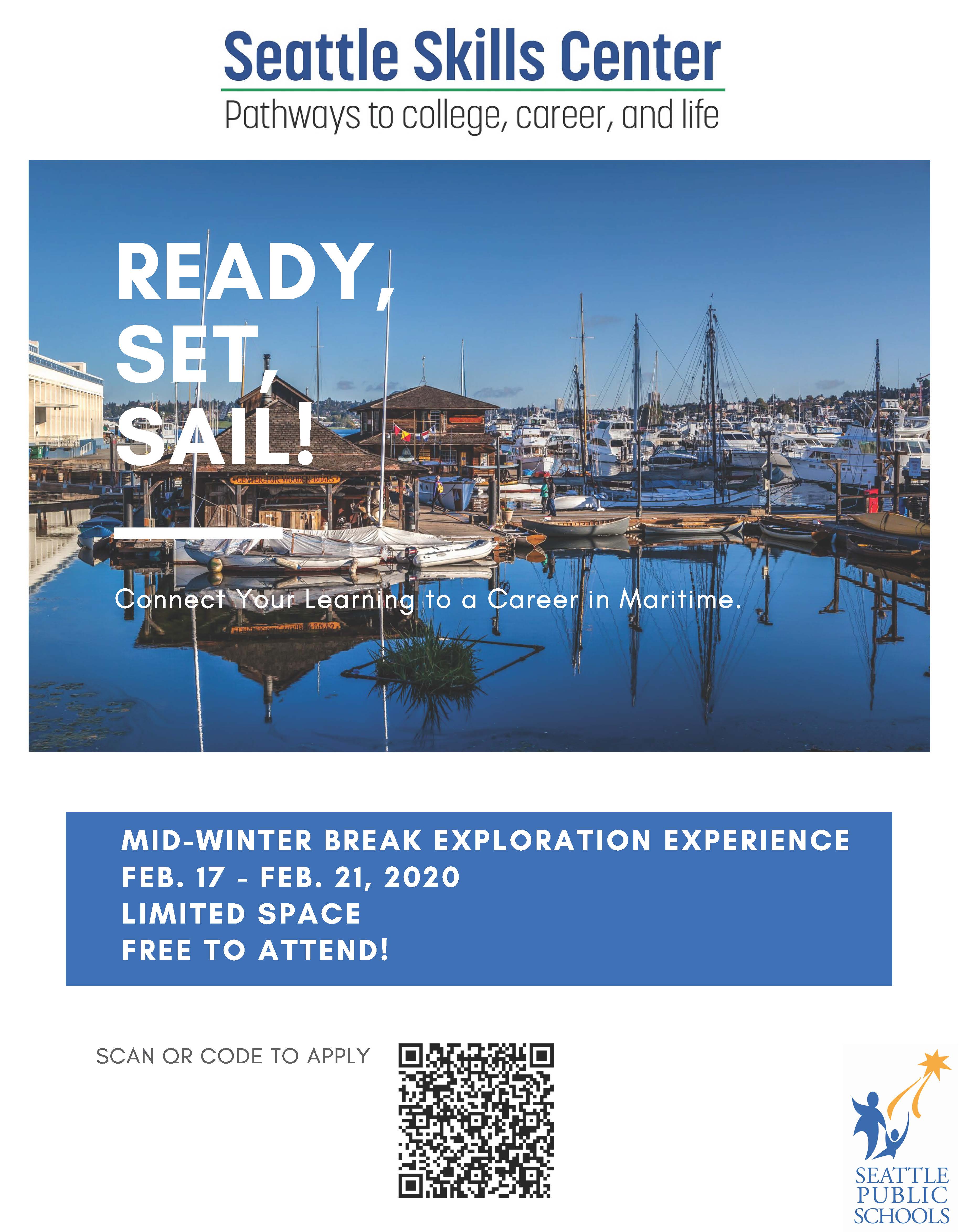 Ready, Set, Sail! maritime career exploration program flyer for Mid-Winter Break 2020, featuring marina photography and 'Connect Your Learning to a Career in Maritime' messaging