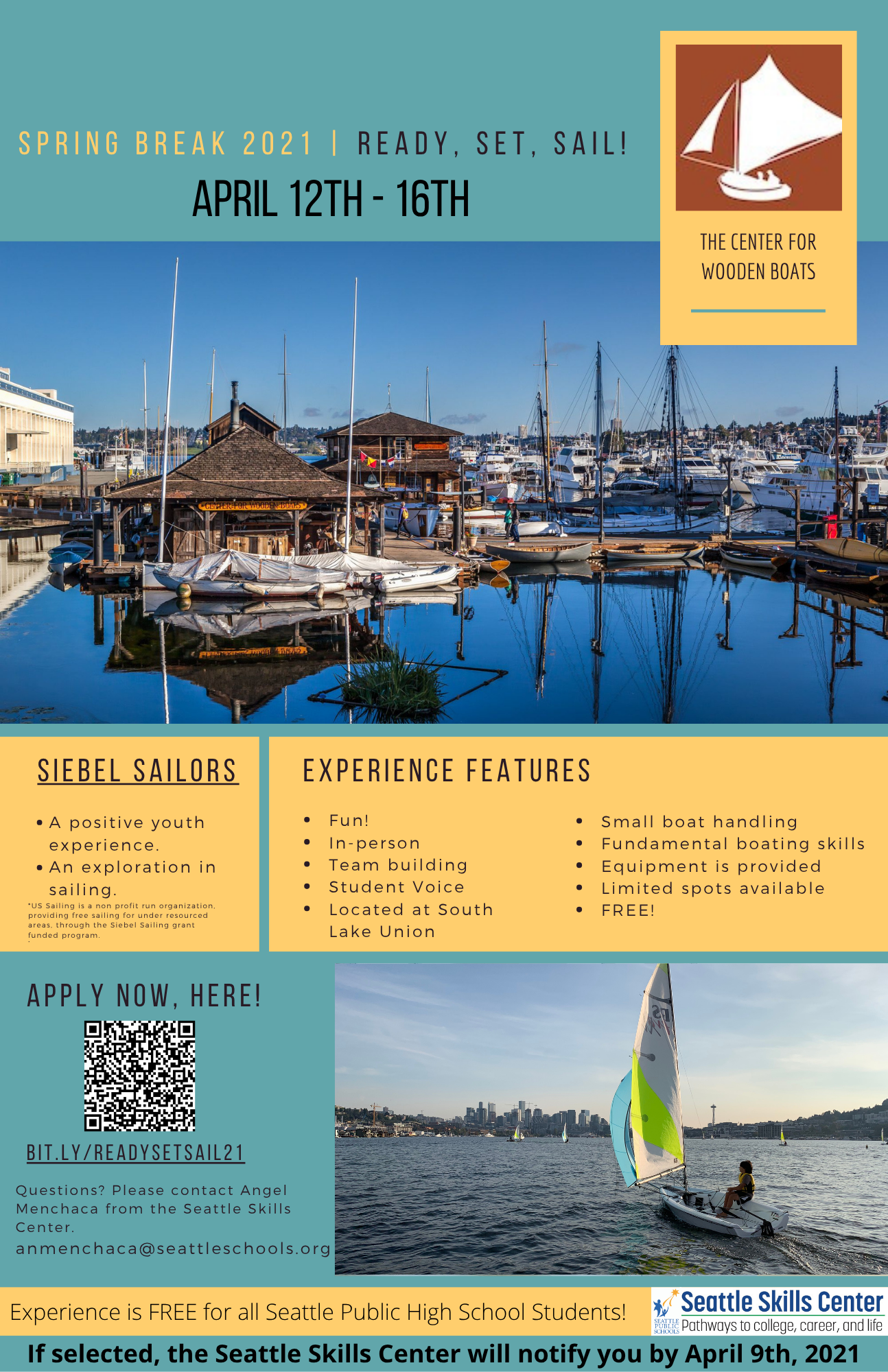 Seattle Skills Center 'Ready, Set, Sail!' maritime career exploration program flyer showing comprehensive program information and student engagement messaging