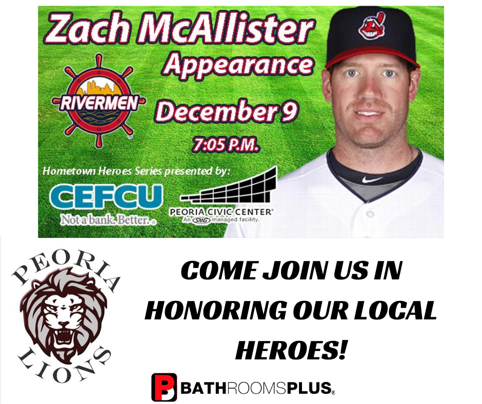 Peoria Lions/Rivermen Zach McAllister appearance promotion for December 9th event, part of Hometown Heroes Series with CEFCU sponsorship and sports marketing partnership